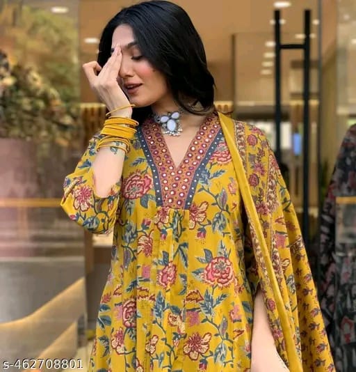 Floral Print Cotton Anarkali Suit Set with Pant