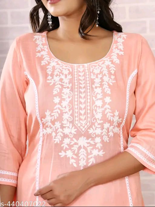 Women's Pink Cotton Embroidered Kurti with White Palazzo Set, Casual Ethnic Wear, 3/4 Sleeve (IN, Alpha, S, Regular, Standard, Pink)