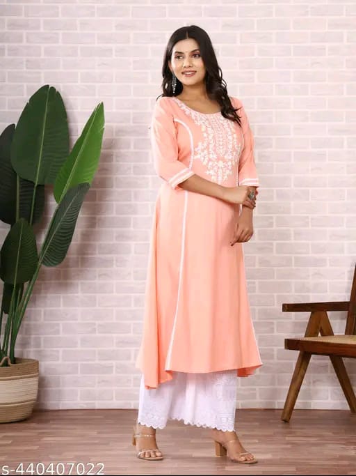 Women's Pink Cotton Embroidered Kurti with White Palazzo Set, Casual Ethnic Wear, 3/4 Sleeve (IN, Alpha, S, Regular, Standard, Pink)