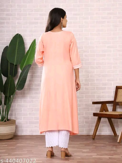 Women's Pink Cotton Embroidered Kurti with White Palazzo Set, Casual Ethnic Wear, 3/4 Sleeve (IN, Alpha, S, Regular, Standard, Pink)