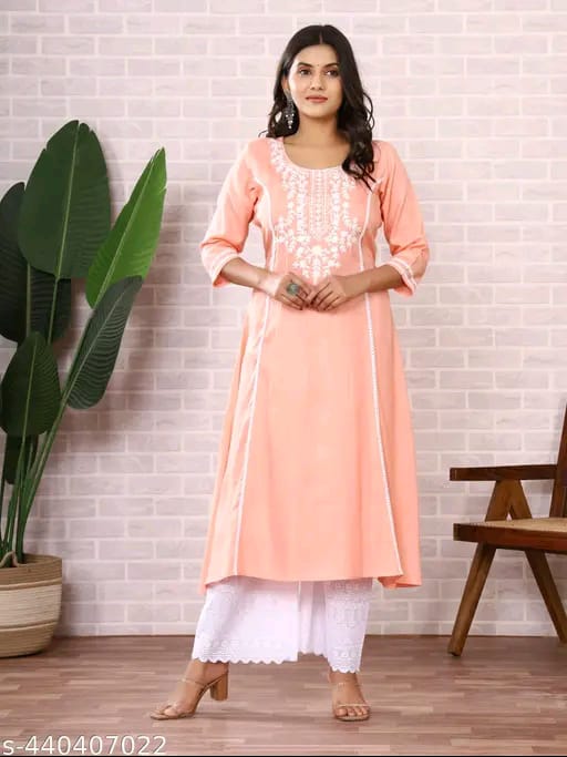 Women's Pink Cotton Embroidered Kurti with White Palazzo Set, Casual Ethnic Wear, 3/4 Sleeve (IN, Alpha, S, Regular, Standard, Pink)