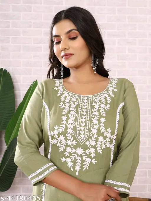 Women's Olive Green Cotton Embroidered Kurti with White Palazzo Set, Casual Ethnic Wear, 3/4 Sleeve (IN, Alpha, S, Regular, Standard, Olive Green)