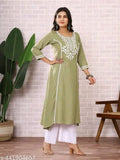 Women's Olive Green Cotton Embroidered Kurti with White Palazzo Set, Casual Ethnic Wear, 3/4 Sleeve (IN, Alpha, S, Regular, Standard, Olive Green)