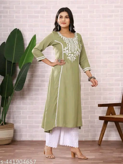 Women's Olive Green Cotton Embroidered Kurti with White Palazzo Set, Casual Ethnic Wear, 3/4 Sleeve (IN, Alpha, S, Regular, Standard, Olive Green)