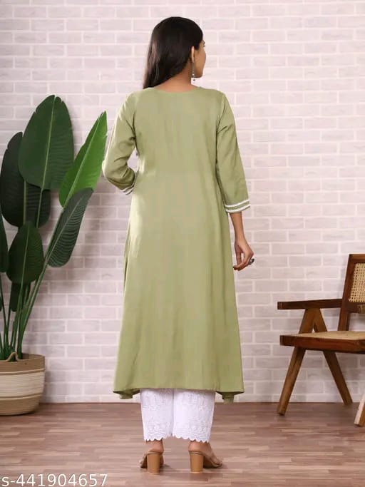 Women's Olive Green Cotton Embroidered Kurti with White Palazzo Set, Casual Ethnic Wear, 3/4 Sleeve (IN, Alpha, S, Regular, Standard, Olive Green)