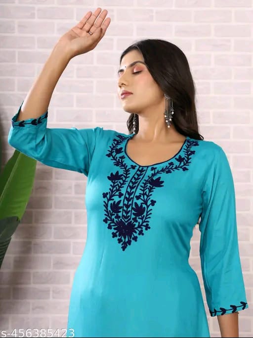 Round Neck Aari Work Sky Blue Kurti For Women Dress