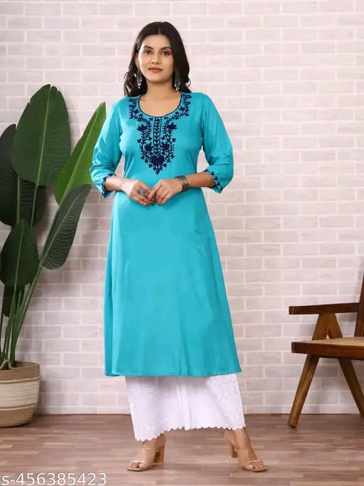 Round Neck Aari Work Sky Blue Kurti For Women Dress