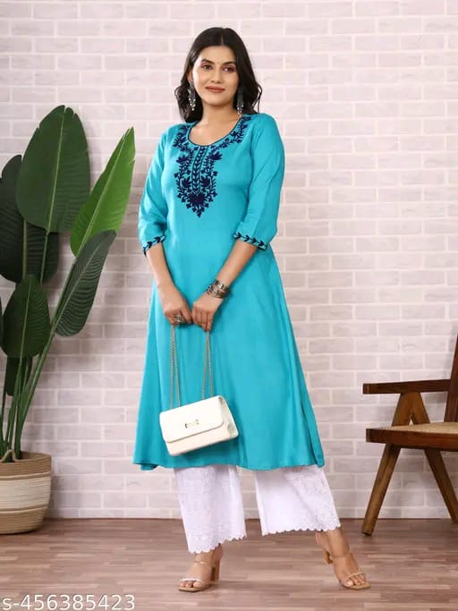 Round Neck Aari Work Sky Blue Kurti For Women Dress