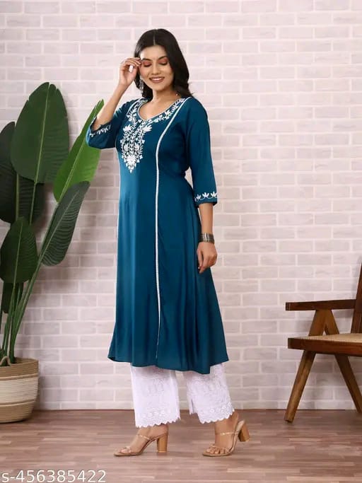 Round Neck Aari Work Blue Kurti For Women Dress
