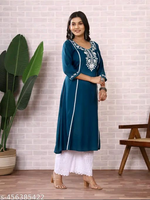 Round Neck Aari Work Blue Kurti For Women Dress