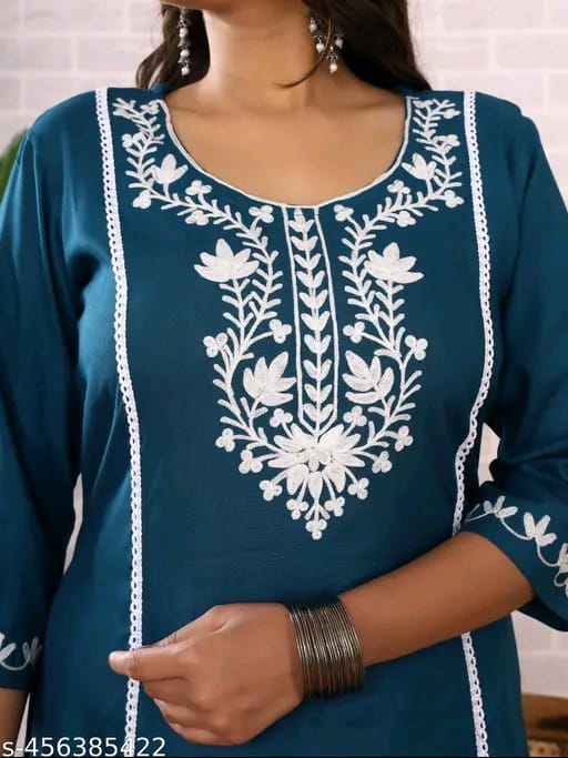Round Neck Aari Work Blue Kurti For Women Dress