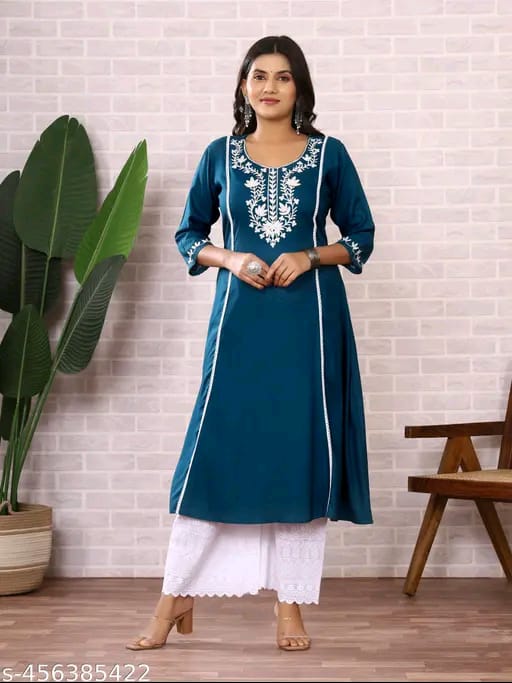 Round Neck Aari Work Blue Kurti For Women Dress