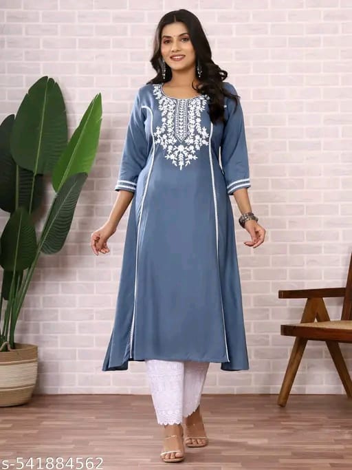 Round Neck Aari Work Grey Kurti For Women Dress