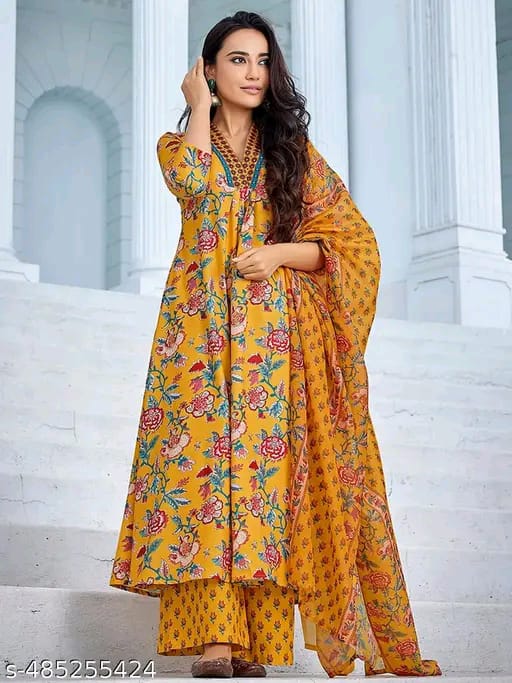 Women Floral Printed Regular Mirror Work Kurta with Palazzos & With Dupatta
