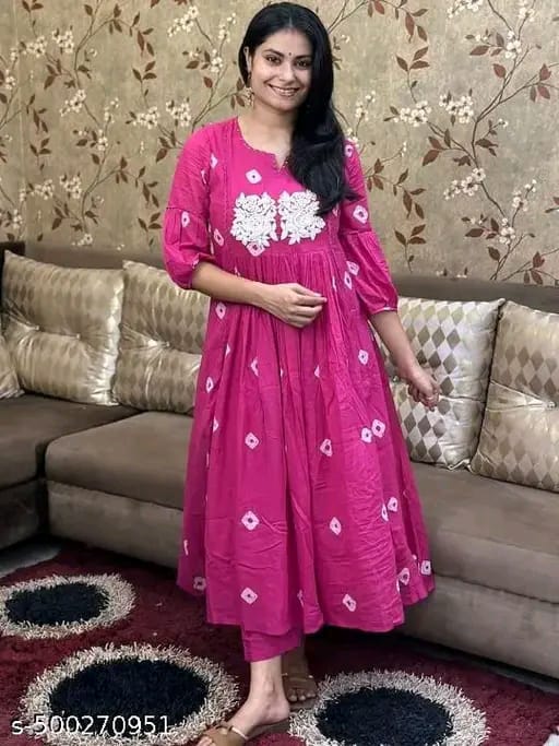 Floral Embroidered Pleated Beads & Stones Anarkali Kurta With Trousers