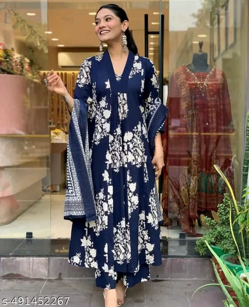 Floral Printed Mirror Work V-Neck A-Line Kurta With Palazzos And Dupatta