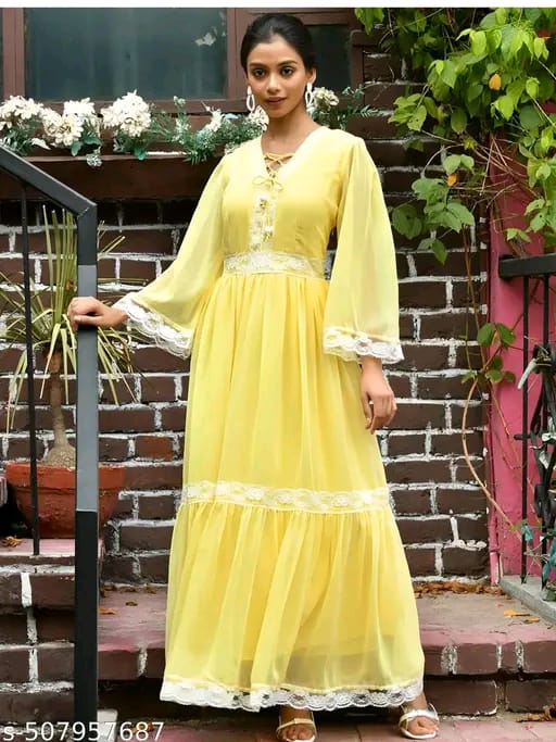 Lace Embellished Georgette Flared Maxi Dress