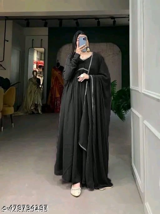 STYLISH GOWN SUPER DUPPATTA WITH KURTI GEORGETTE FABRICS BLACK GOWN