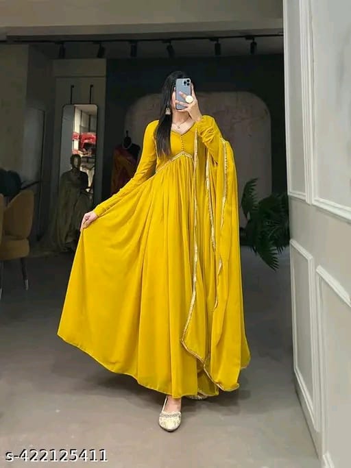 STYLISH GOWN SUPER DUPPATTA WITH KURTI GEORGETTE FABRICS YELLOW GOWN