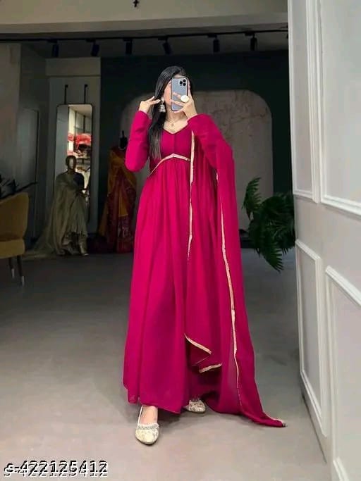 STYLIES GOWN SUPER DUPPATTA WITH KURTI GEORGETTE FABRICS PINK GOWN