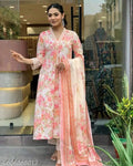 Floral Printed V-Neck Chanderi Cotton Straight Kurta With Trousers & Dupatta