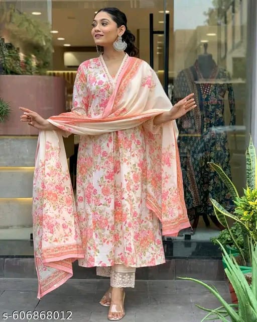 Floral Printed V-Neck Chanderi Cotton Straight Kurta With Trousers & Dupatta