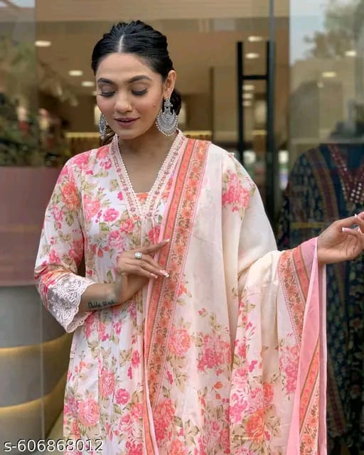 Floral Printed V-Neck Chanderi Cotton Straight Kurta With Trousers & Dupatta