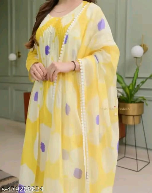 Women's Heavy cotton Floral Printed Round Neck Kurti with Pants and Dupatta Set (yellow)