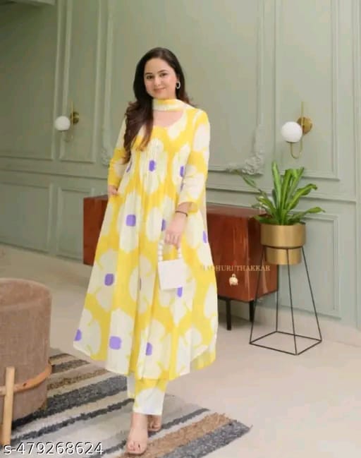 Women's Heavy cotton Floral Printed Round Neck Kurti with Pants and Dupatta Set (yellow)
