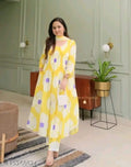 Women's Heavy cotton Floral Printed Round Neck Kurti with Pants and Dupatta Set (yellow)