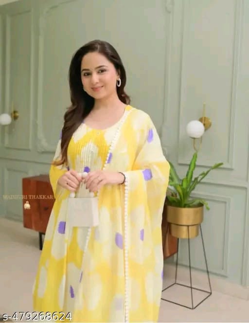 Women's Heavy cotton Floral Printed Round Neck Kurti with Pants and Dupatta Set (yellow)