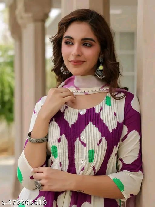 Women's Heavy cotton Floral Printed Round Neck Kurti with Pants and Dupatta Set