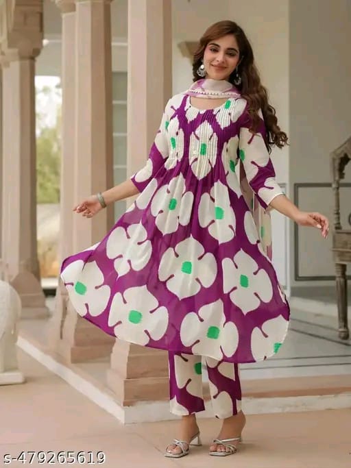 Women's Heavy cotton Floral Printed Round Neck Kurti with Pants and Dupatta Set