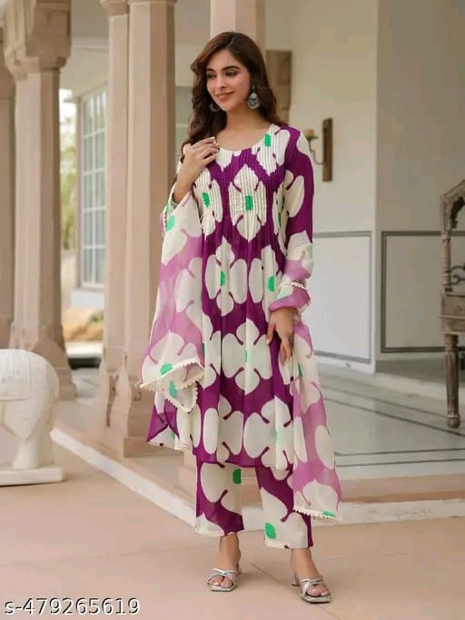 Women's Heavy cotton Floral Printed Round Neck Kurti with Pants and Dupatta Set