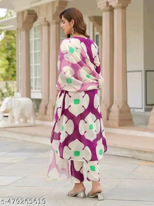 Women's Heavy cotton Floral Printed Round Neck Kurti with Pants and Dupatta Set