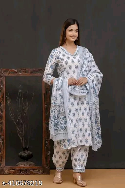 Floral Printed Regular Sequinned Pure Cotton Kurta With Salwar & Dupatta