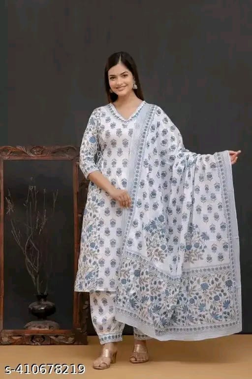 Floral Printed Regular Sequinned Pure Cotton Kurta With Salwar & Dupatta