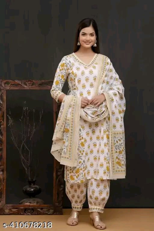 Floral Printed Regular Sequinned Pure Cotton Kurta With Salwar & Dupatta