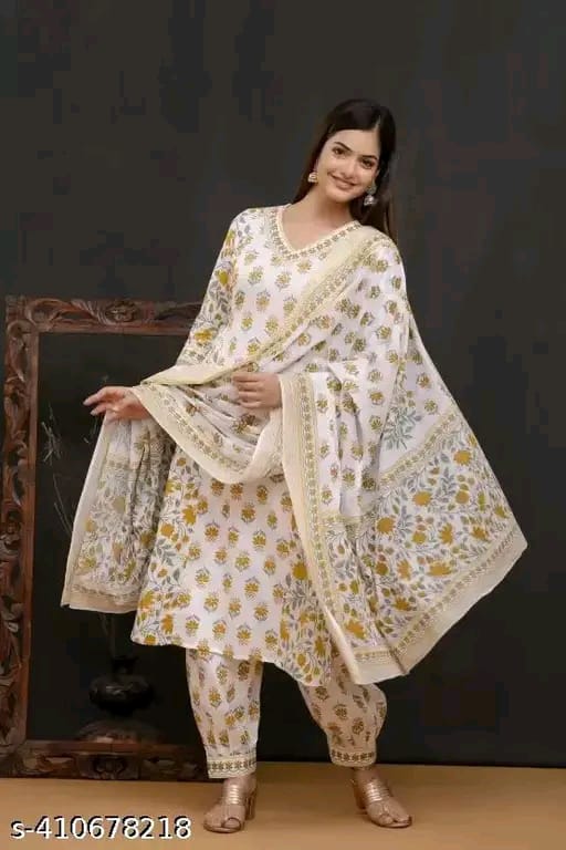 Floral Printed Regular Sequinned Pure Cotton Kurta With Salwar & Dupatta