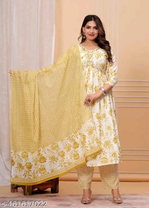 Women Floral Printed Anarkali Kurta with Trousers & Dupatta