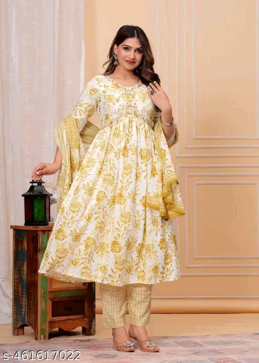 Women Floral Printed Anarkali Kurta with Trousers & Dupatta