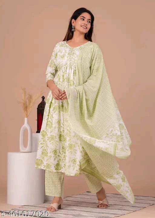 Women Floral Printed Anarkali Kurta with Trousers & Dupatta