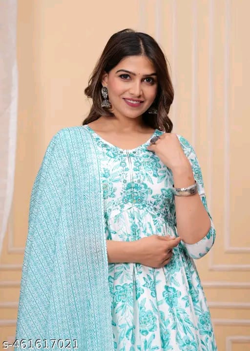 Women Floral Printed Anarkali Kurta with Trousers & Dupatta