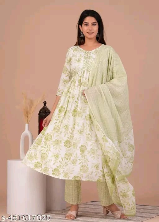 Women Floral Printed Anarkali Kurta with Trousers & Dupatta