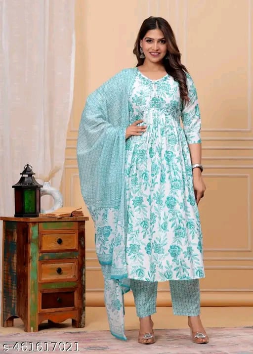 Women Floral Printed Anarkali Kurta with Trousers & Dupatta