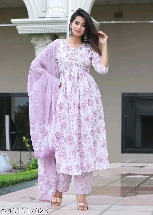 Women Floral Printed Anarkali Kurta with Trousers & Dupatta