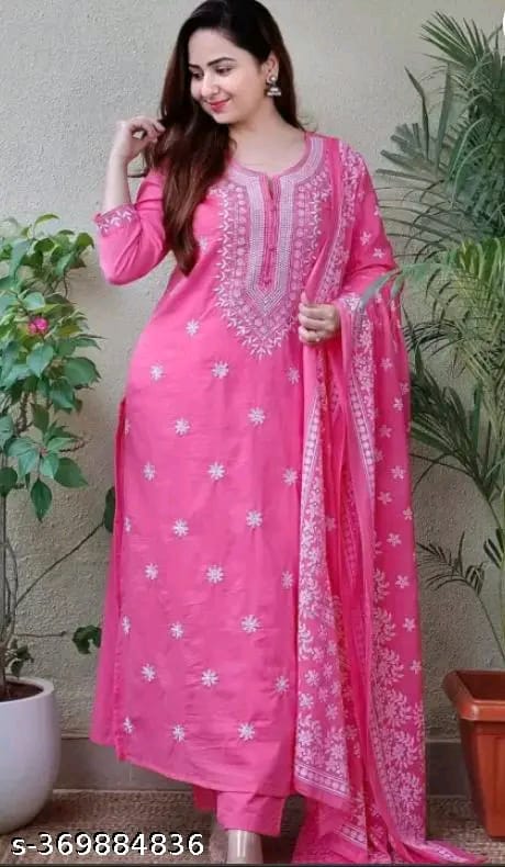 cotton Nayra Cut Kurta Pant with Dupatta Set for Women and Girls Shorts Sleeve Round Neck Printed Straight Kurti.