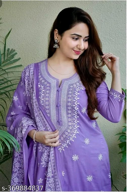 cotton Nayra Cut Kurta Pant with Dupatta Set for Women and Girls Shorts Sleeve Round Neck Printed Straight Kurti.