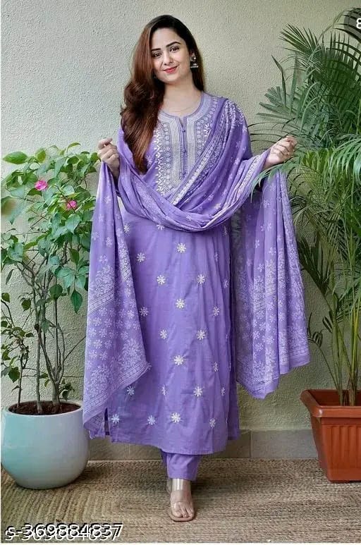 cotton Nayra Cut Kurta Pant with Dupatta Set for Women and Girls Shorts Sleeve Round Neck Printed Straight Kurti.