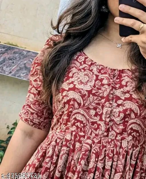 Red Floral Ethnic A-Line Cotton Midi Ethnic Dress